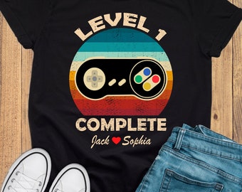 1st Wedding Anniversary Gift for Husband Wife, Personalization Level 1 Complete, Retro Video Game Shirt, 1 year Anniversary Gift for Gamer