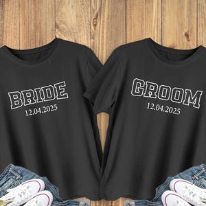 Custom Bride & Groom T-shirt, Personalized Engagement Shirt, Honeymoon Matching Bride And Groom Clothing, Wedding Party Tee, Couple Shirt