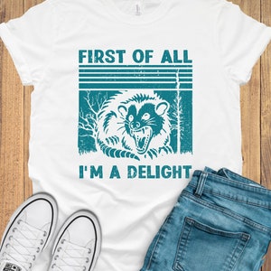 May include: White t-shirt with a teal graphic of a raccoon with the text "First of all I'm a delight" in teal.