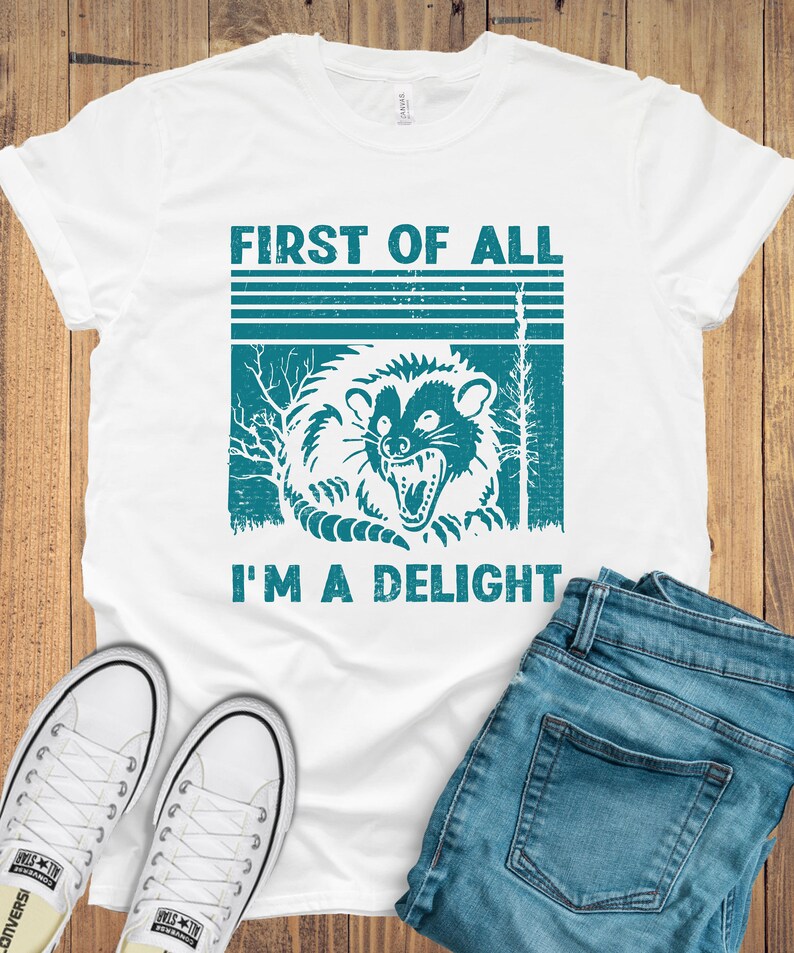 May include: White t-shirt with a teal graphic of a raccoon with the text "First of all I'm a delight" in teal.