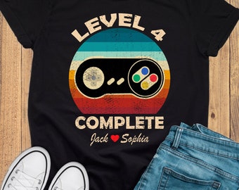 4th Wedding Anniversary Gift for Husband Wife, Personalization Level 4 Complete, Retro Video Game Shirt, 4 year Anniversary Gift for Gamer