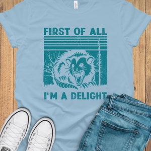 May include: A light blue t-shirt with a vintage-style graphic of a raccoon with the text "First of all I'm a delight".