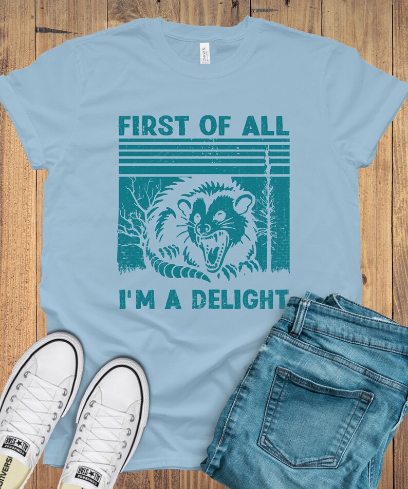 May include: A light blue t-shirt with a vintage-style graphic of a raccoon with the text "First of all I'm a delight".
