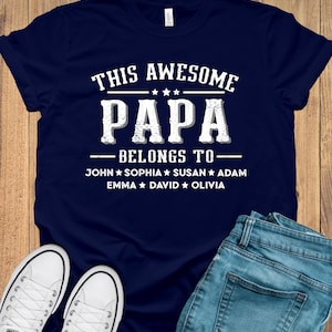 Camiseta personalizada para abuelo, Este increíble abuelo pertenece a, Camiseta de papá con nombre, Camiseta personalizada para el Día del Padre con nombre, Nombres de nietos, Camiseta de papá