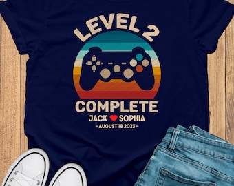 2nd Wedding Anniversary Gift for Husband Wife, 2nd Anniversary Gift for Husband, Retro Video Game Shirt, Personalization Level 2 Complete