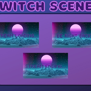 Może przedstawiać: Trzy sceny Twitch w stylu retro z kolorystyką różowo-niebieską. Pierwsza scena zawiera napis "STREAM LOADING..." Druga scena zawiera napis "BE RIGHT BACK!" Trzecia scena zawiera napis "STREAM ENDING..."