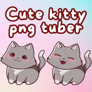 May include: Illustration of two gray cartoon kittens with pink cheeks and big eyes. The text "Cute kitty png tuber" is written in a red, bubbly font above the kittens. The background is a gradient of pink and blue.