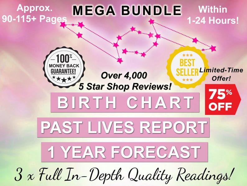 Astrology Birth Chart Report + 1 Year Forecast + Past Lives Reading, 12 Month Prediction, Bundle image 1