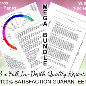 May include: A digital product bundle with a colorful astrological chart, text that reads "Approx. 90-115+ Pages", "MEGA BUNDLE", "Within 1-24 Hours!" and "3 x Full In-Depth Quality Reports 100% SATISFACTION GUARANTEE!"