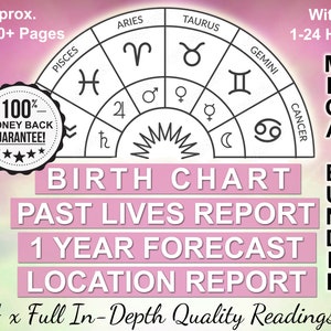 Astrology Birth Chart + 1 Year Forecast + Past Lives Report + Location Reading, Natal Chart 12 Month Prediction In Depth Astrology Bundle