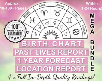 Astrology Birth Chart + 1 Year Forecast + Past Lives Report + Location Reading, Natal Chart 12 Month Prediction In Depth Astrology Bundle