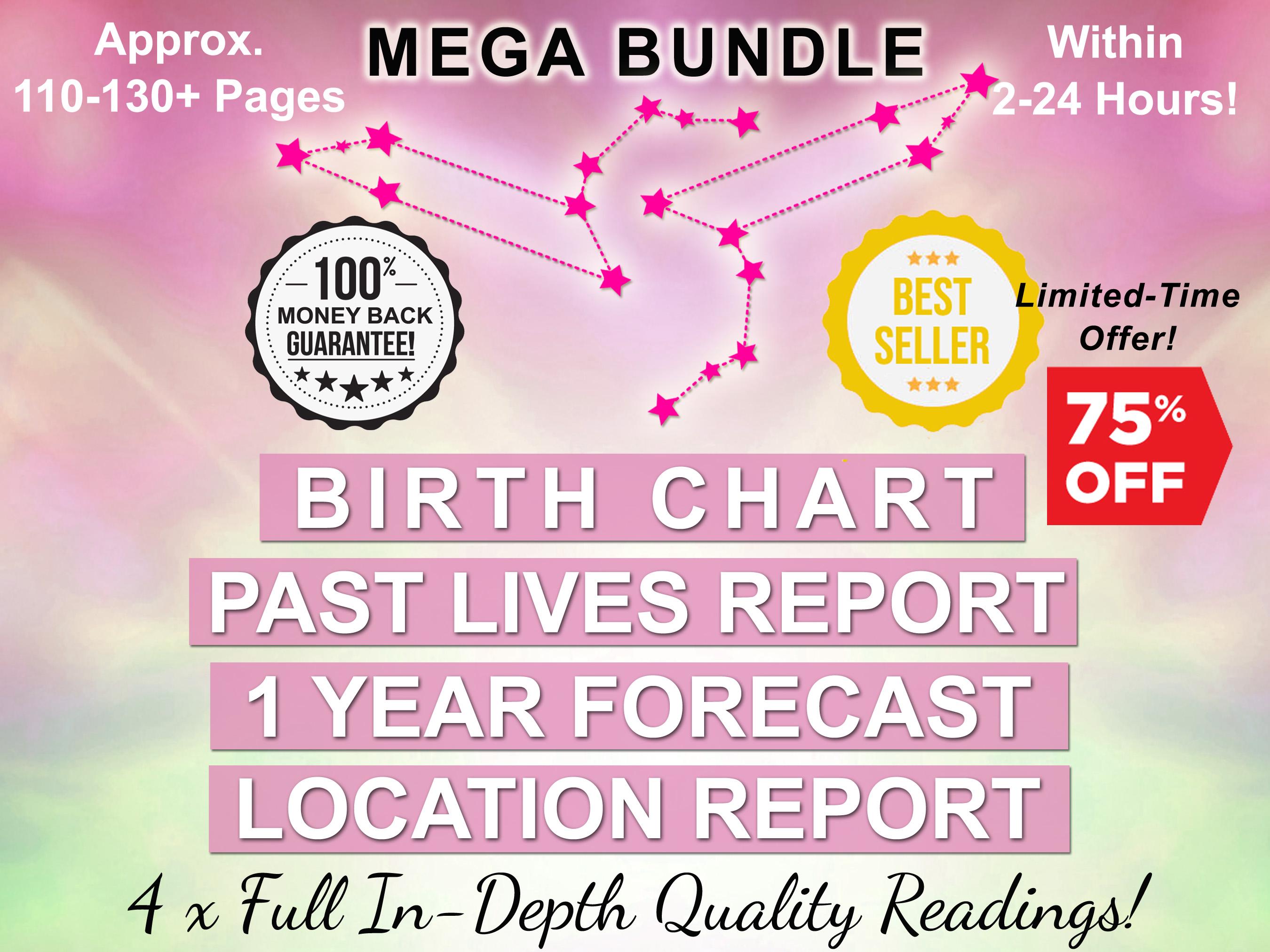 Astrology Birth Chart + 1 Year Forecast + Past Lives Report + Location Reading, Natal Chart 12 Month Prediction In Depth Astrology Bundle