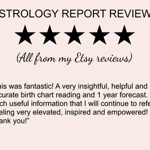 May include: Five black stars are shown, representing a five-star rating. The text "ASTROLOGY REPORT REVIEWS" is above the stars. The text "(All from my Etsy reviews)" is below the stars. A customer review is shown below the text: "This was fantastic! A very insightful, helpful and accurate birth chart reading and 1 year forecast. Such useful information that I will continue to refer to. Feeling very elevated, inspired and empowered! Thank you!"