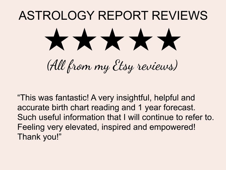 May include: Five black stars are shown, representing a five-star rating. The text "ASTROLOGY REPORT REVIEWS" is above the stars. The text "(All from my Etsy reviews)" is below the stars. A customer review is shown below the text: "This was fantastic! A very insightful, helpful and accurate birth chart reading and 1 year forecast. Such useful information that I will continue to refer to. Feeling very elevated, inspired and empowered! Thank you!"