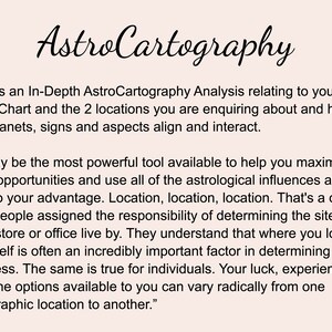 May include: Text on a pink background explaining AstroCartography, an in-depth analysis relating to your birth chart and two locations. The text explains how planets, signs, and aspects align and interact. The text also states that AstroCartography is a powerful tool to help maximize opportunities and use astrological influences to your advantage.