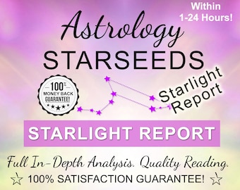 Op de afbeelding: Een roze en paarse achtergrond met een sterrenbeeld. De tekst "Astrology Starseeds Starlight Report" staat in zwarte tekst. De tekst "Within 1-24 Hours!" staat in witte tekst. Er wordt een 100% geld-teruggarantie aangeboden. Volledige diepgaande analyse. Kwalitatieve lezing. 100% tevredenheidsgarantie!