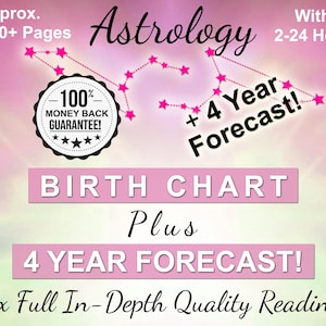 Informe de la carta natal + pronóstico astrológico de 4 años, 48 meses de tránsitos astrológicos, lecturas profesionales + predicciones, paquete astrológico