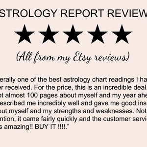 May include: Five black stars with a white background. The text "ASTROLOGY REPORT REVIEWS" is above the stars. The text "(All from my Etsy reviews)" is below the stars. The text "Literally one of the best astrology chart readings I have ever received. For the price, this is an incredible deal. I got almost 100 pages about myself and my year ahead. It described me incredibly well and gave me good insight about myself and my strengths and weaknesses. Not to mention, it came fairly quickly and the customer service was amazing!! BUY IT!!!!." is below the text.