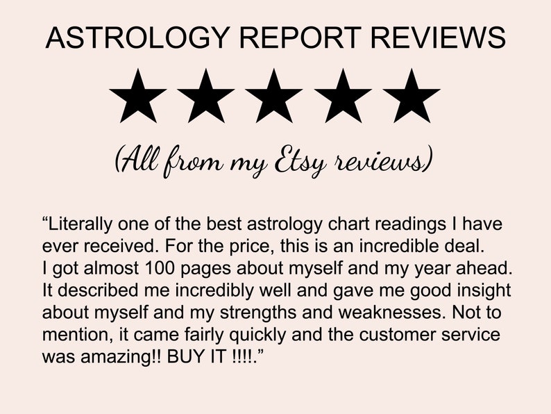 May include: Five black stars with a white background. The text "ASTROLOGY REPORT REVIEWS" is above the stars. The text "(All from my Etsy reviews)" is below the stars. The text "Literally one of the best astrology chart readings I have ever received. For the price, this is an incredible deal. I got almost 100 pages about myself and my year ahead. It described me incredibly well and gave me good insight about myself and my strengths and weaknesses. Not to mention, it came fairly quickly and the customer service was amazing!! BUY IT!!!!." is below the text.