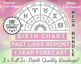 Geburtshoroskop + 1-Jahres-Vorhersage + Bericht über vergangene Leben Astrologie-Messwerte, Geburtshoroskop, 12-Monats-Vorhersage, Geburtshoroskop-Analyse, Astro-Bundle