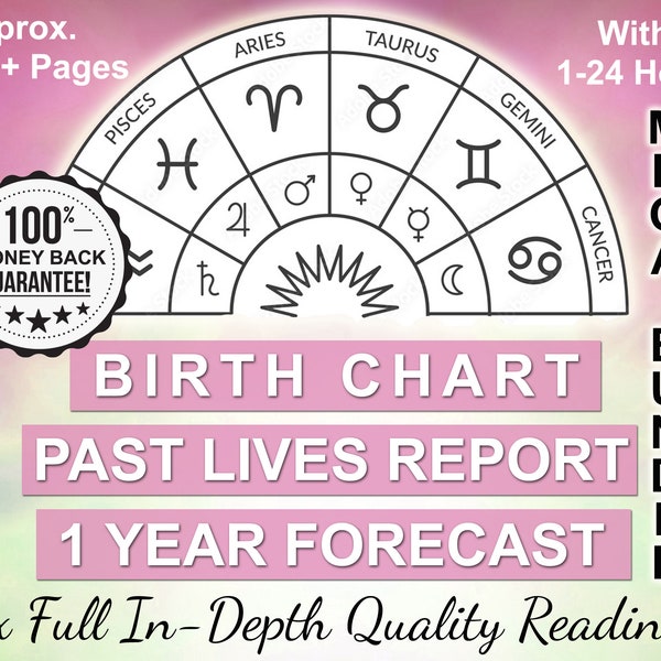 Geburtshoroskop + 1-Jahres-Vorhersage + Bericht über frühere Leben, Astrologische Lesungen, Geburtshoroskop, 12-Monats-Vorhersage, Geburtshoroskop-Analyse, Astro-Paket