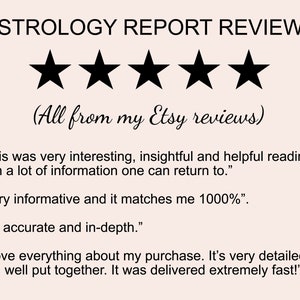 May include: Five black stars with a white background. The text "ASTROLOGY REPORT REVIEWS" is above the stars. The text "(All from my Etsy reviews)" is below the stars. The text below the stars includes customer reviews about astrology reports.