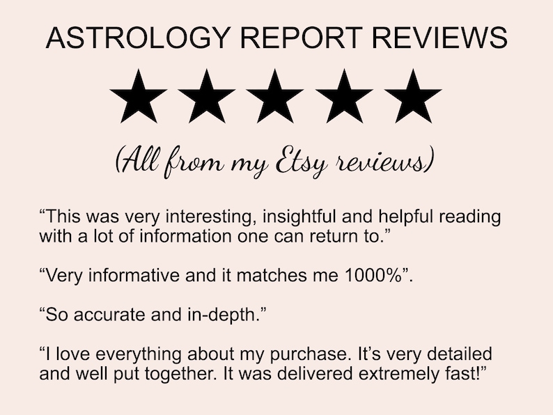 May include: Five black stars with a white background. The text "ASTROLOGY REPORT REVIEWS" is above the stars. The text "(All from my Etsy reviews)" is below the stars. The text below the stars includes customer reviews about astrology reports.