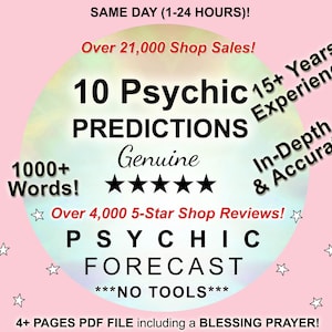 Op de afbeelding: Een roze afbeelding met tekst die psychische voorspellingen promoot. Het centrale ontwerp bevat de woorden "10 Psychische Voorspellingen" en "Psychische Voorspelling". Extra tekst omvat "1000+ Woorden!" en "Meer dan 4.000 5-sterren winkel beoordelingen!"