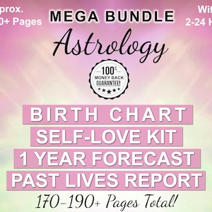 Carta natal astrológica + Kit de amor propio + Pronóstico a 1 año + Informe de vidas pasadas, Carta natal, Predicción a 12 meses, Paquete de lectura astrológica