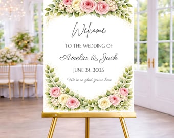 Blush Pink & Cream Roses Wedding Welcome Sign | Soft Romantic Garden | Editable Canva Template