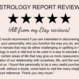 May include: Five black stars are displayed, representing a 5-star rating. The text below the stars reads "(All from my Etsy reviews)". A customer review is quoted, stating "10/10 would recommend if you are interested in discovering more about your personality, why you function the way you do, and certain transits that may be either challenging or uplifting in nature. Astrology is such a vital tool to be used in a way to educate us about certain areas of life that may give us more reassurance or validation of our relationship with ourselves, life, and the world around us. I found this personally to be a very useful purchase that I will, without a doubt, come back to visit the many insights for future reference. Thank you very much."