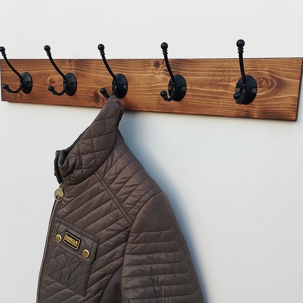 Coat Rack with Vintage Style Black Coat Hooks/Wall Mounted Coat Rack for Hallway/Wooden Coat Rack for Entryway/Handmade Coat Rack/Coat Rail