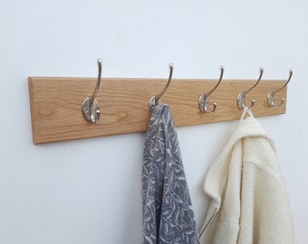 Handmade Oak Coat Rack with Chrome/Silver Double Hooks - Wall Mounted Coat Rail