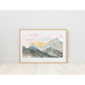 Mountainscape Morning Sunrise, Watercolor Panoramic, mountain art, mountain scape art, sunrise art, art print, watercolor art print