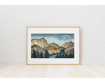 Pintura de acuarela de luna de montaña: Impresión artística de paisaje panorámico