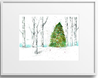 Birch Trees watercolor painting, watercolor art print, holiday art, Christmas tree,  Christmas wall decor, Tree print