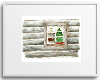 Cabin Winter watercolor painting, watercolor art print, holiday decor, christmas art, christmas wall decor, winter print