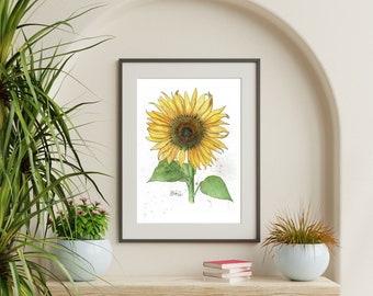 Sunflower Watercolor Art Print: Minimalist Botanical Wall Decor