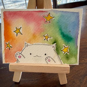 ACEO/ATC Aquarelschilderij – Bongo Cat - Mini kunstkaart, origineel kunstwerk, 2,5" x 3,5"