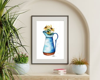blue pitcher watercolor painting, art print, yellow daisy painting, floral art, simple flowers art print, wall decor, wildflowers