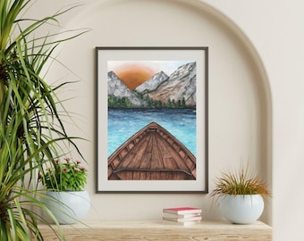 Stampa artistica ad acquerello di Mountain Lake: decorazione di baite e case sul lago