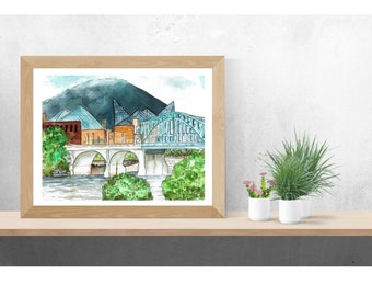 Chattanooga Watercolor Art Print: Walking Bridge & Aquarium