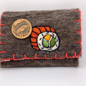 Carteira de lã feltrada para sushi, bolsa, porta-moedas, bolsa, bolso, padrão de sushi, lã feltrada com agulha kawaii, carteira feita à mão, presente feito à mão