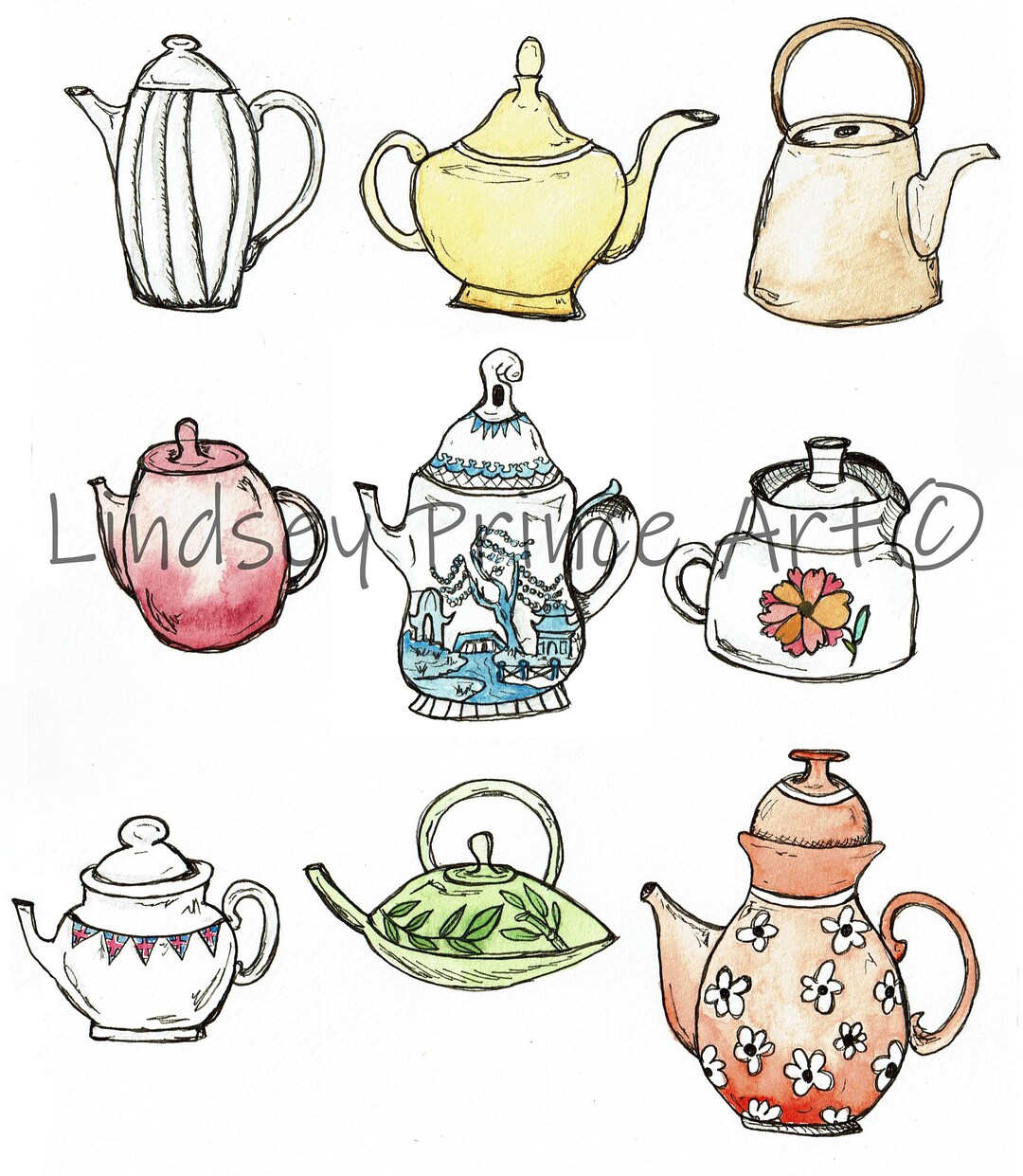 Teapots Watercolor and Ink Painting Teapot Artwork Teapot Etsy