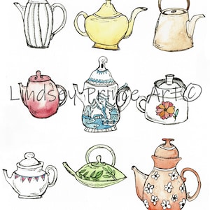 May include: Watercolor illustration of nine teapots in various designs. The teapots are in different colors, including white, yellow, pink, blue, and green. Some teapots have floral patterns, while others have striped or leaf designs. The image includes the text "Lindsy Prince Art".