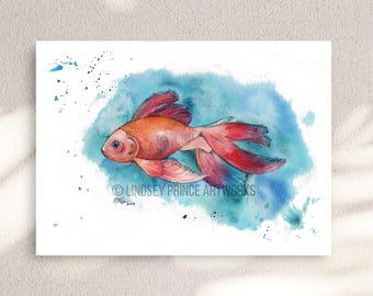 グッピー、虹色の魚、Slaveika Aladjovaによる限定版水彩画アート