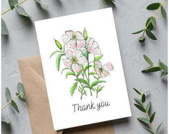 Thank you Card, Greeting Card, instant download, print at home, Evening Primrose flower, Wildflower Thank you, printable card