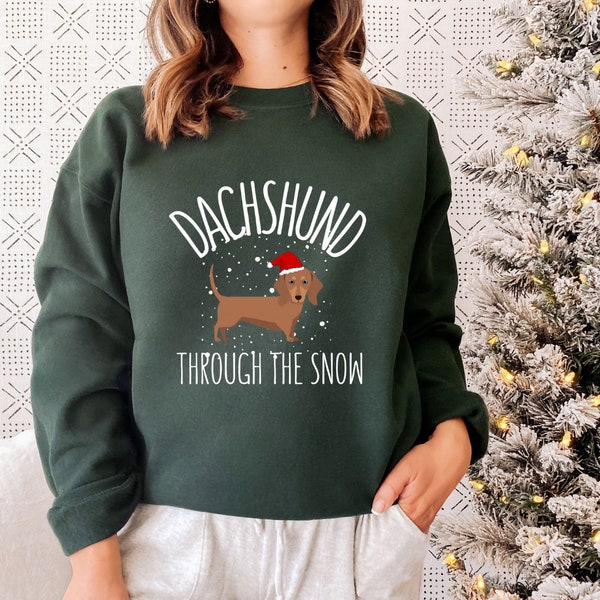 Dachshund Through The Snow Unisex Christmas Sweater - Sweatshirt - Jumper - Cute - Festive - Sausage Dog - Xmas - Clothing - Men - Women