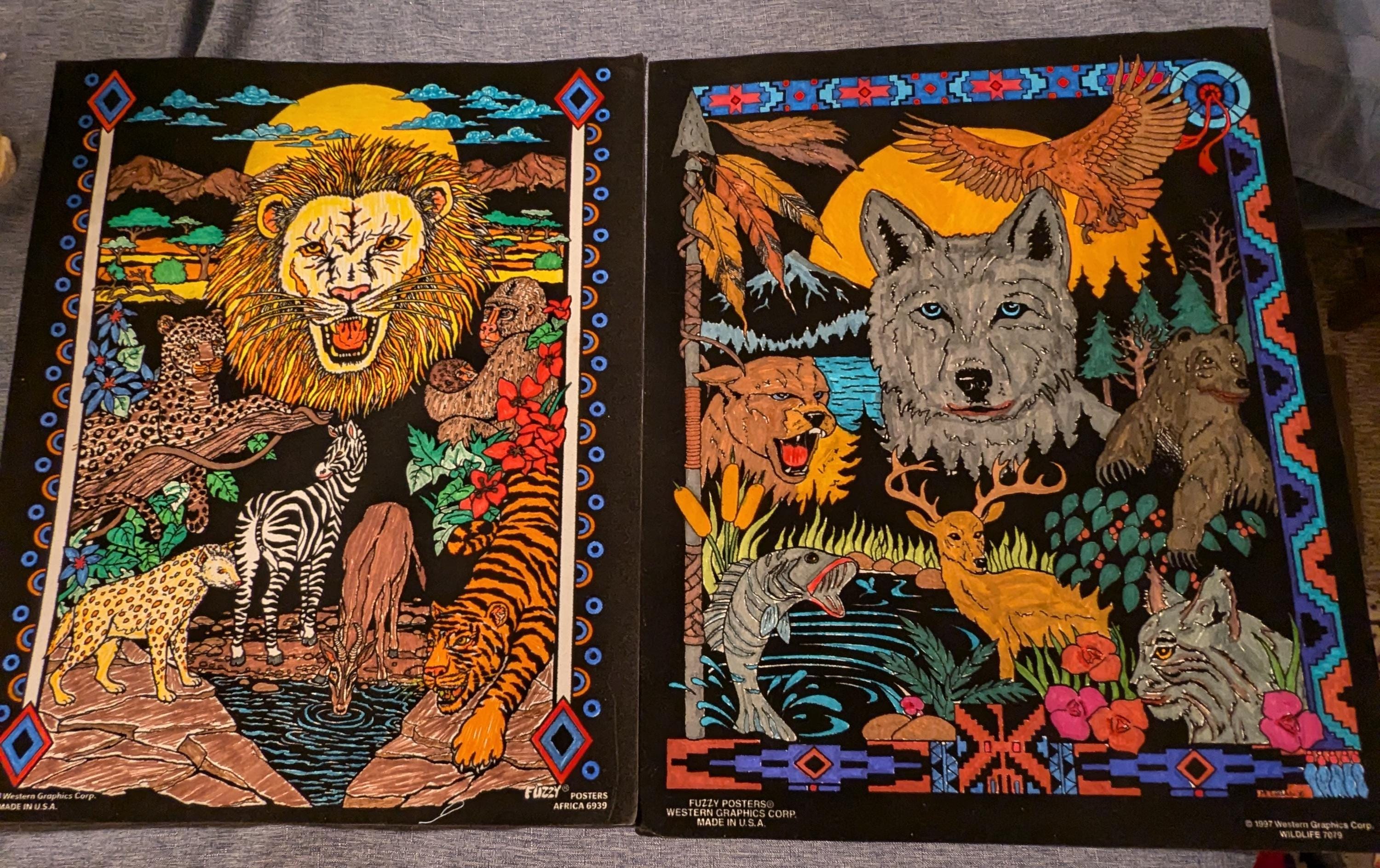 Two Wildlife Fuzzy Posters Featuring A Lion and A Wolf - Etsy