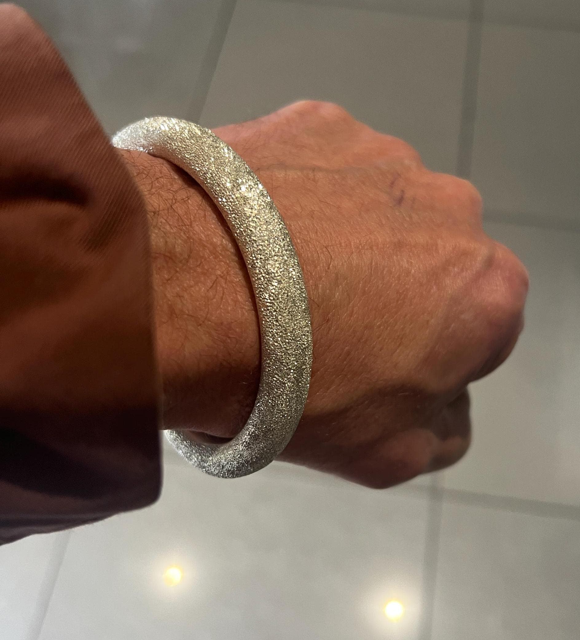 Heavy 4 oz Solid Silver Bright Torque Bangle , Stippled Finish